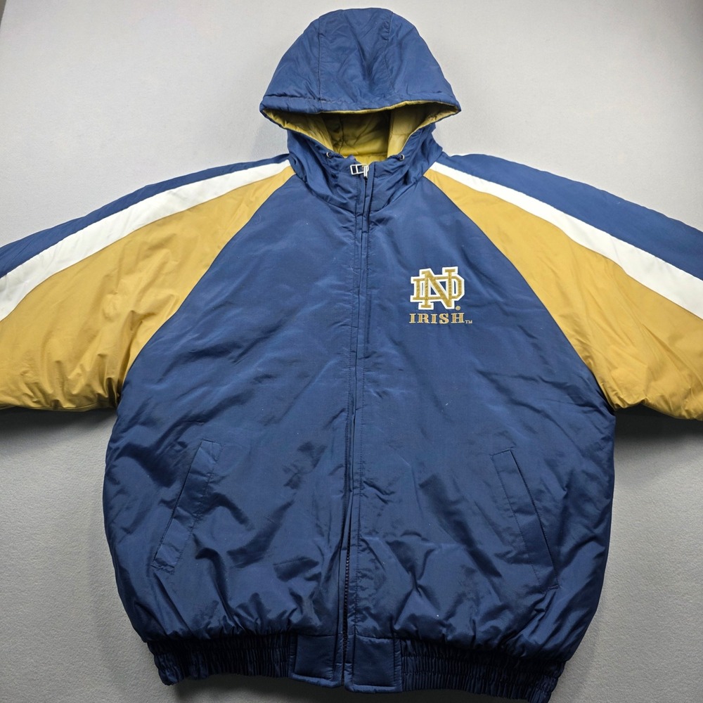 Vintage Logo 7 Notre Dame Fighting Irish Puffer Jacket‎ Mens XL Navy Gold Hooded